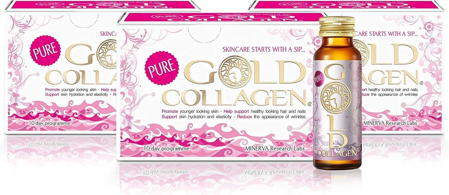 GOLD COLLAGEN Pure - Collagen Supplements for Women Men with Biotin for Hair Growth, Skin and Nail - Anti Wrinkle Immune System Booster with Hyaluronic Acid, Vitamin C, B6 and Zinc, 3 Pack 10x50 ml