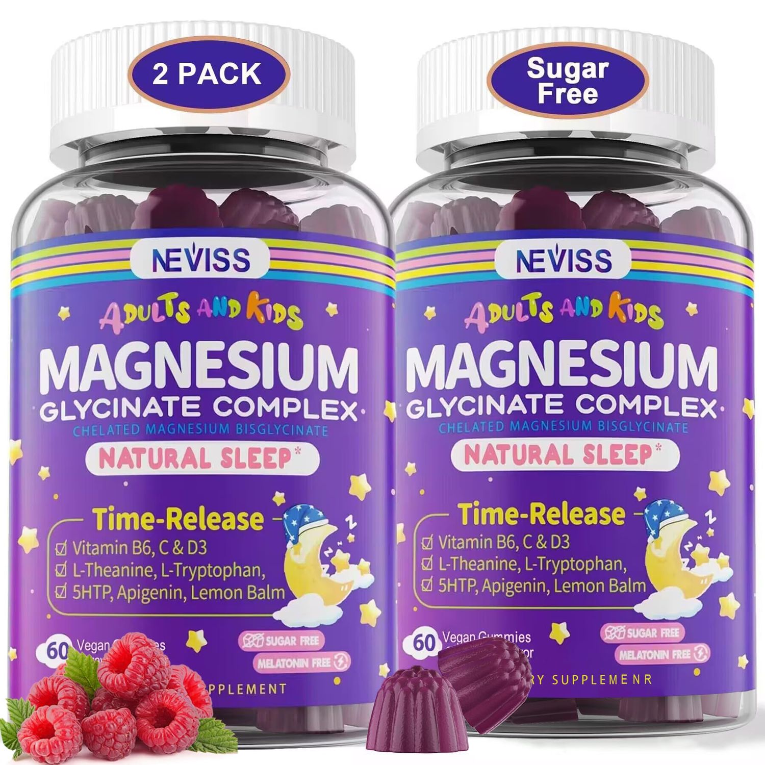Magnesium Glycinate Gummies for Adults Kids 4, Sugar Free Magnesium Bisglycinate Supplement 400200mg with B6D3, 5HTP, L-Theanine for Sleep Relaxation, Brain, Muscle, Melatonin Free Gummies,2Pack