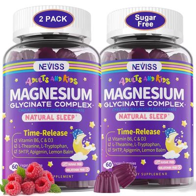 Magnesium Glycinate Gummies for Adults Kids 4, Sugar Free Magnesium Bisglycinate Supplement 400200mg with B6D3, 5HTP, L-Theanine for Sleep Relaxation, Brain, Muscle, Melatonin Free Gummies,2Pack