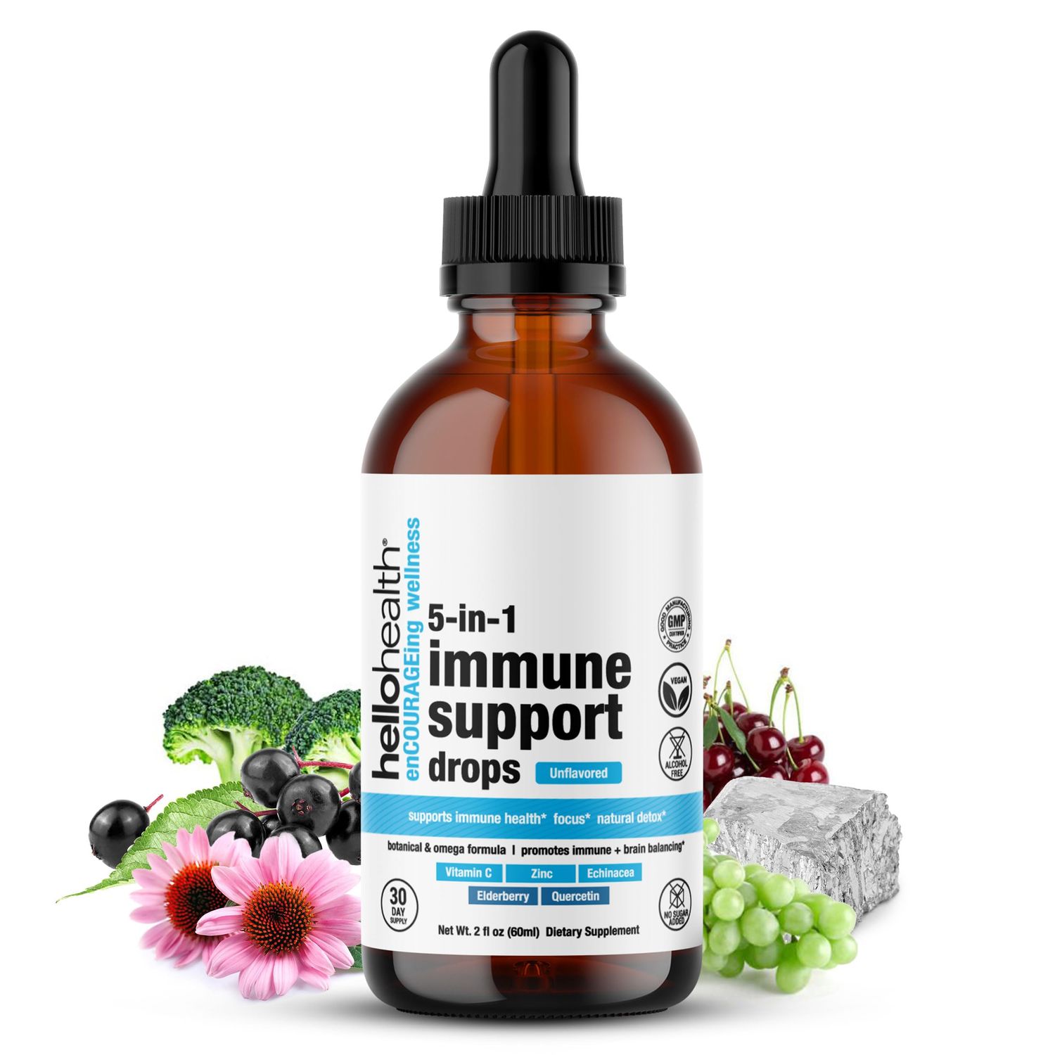 Immune Support Liquid Drops Daily 5-In-1 Immunity Vitamins - Liquid Immune Support Supplement: Quercetin, Echinacea, Elderberry with Zinc and Vitamin C for Adults Immune System Booster - 30 Day Supply