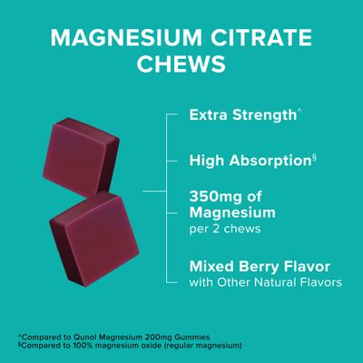 Qunol Magnesium Citrate Soft Chews, 350mg Extra Strength Magnesium Supplement, High Absorption to Support Nerve, Bone and Muscle Health, 90 Count
