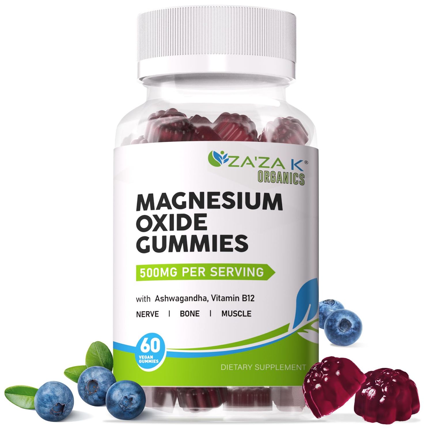 ZA&#39;ZA K ORGANICS Magnesium Oxide Gummies, Magnesium Oxide 500mg with Ashwagandha Vitamin B12 for Sleep, Nerve, Muscle, Bone Heart Health, Magnesium Chewable Supplement for Adults Kids, Vegan, 60