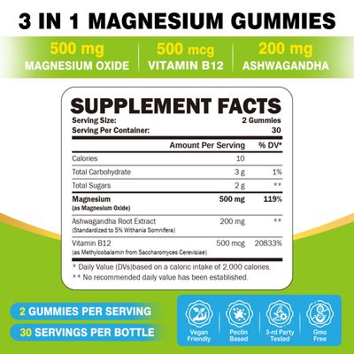 ZA'ZA K ORGANICS Magnesium Oxide Gummies, Magnesium Oxide 500mg with Ashwagandha Vitamin B12 for Sleep, Nerve, Muscle, Bone Heart Health, Magnesium Chewable Supplement for Adults Kids, Vegan, 60