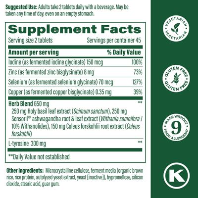 MegaFood Thyroid Strength - Mineral Supplement - Thyroid Support for Women with Ashwagandha, Zinc, Selenium, Copper, Iodine and LTyrosine Herb Blend - Vegetarian - 90 Tabs (45 Servings)