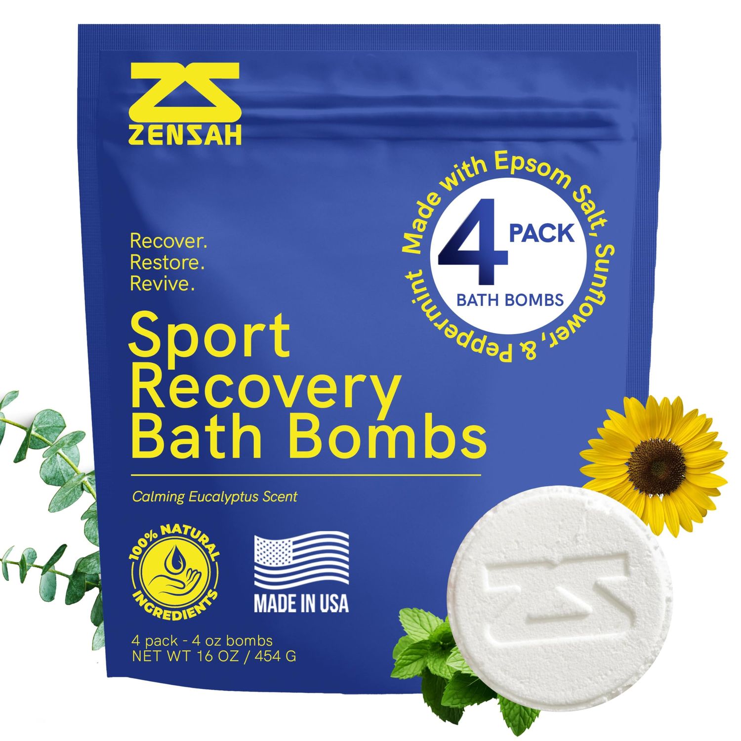 Zensah Sport Recovery Bath Bombs - Magnesium Epsom Salt for Soaking Sore Muscles, Mother s Day Gifts, Made in USA with Essential Oils, Eucalyptus Relaxation for Athletes, Men and Women