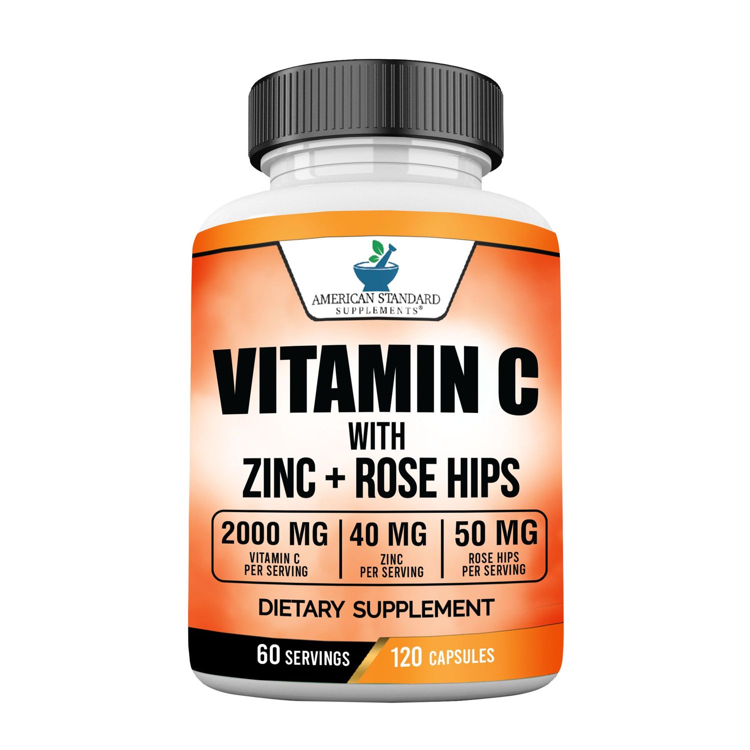 American Standard Supplements Vitamin C 2000mg, Zinc 40mg, and Rose HIPS 50mg Per Serving - Vegan, Gluten Free, Non-GMO (120 Count)