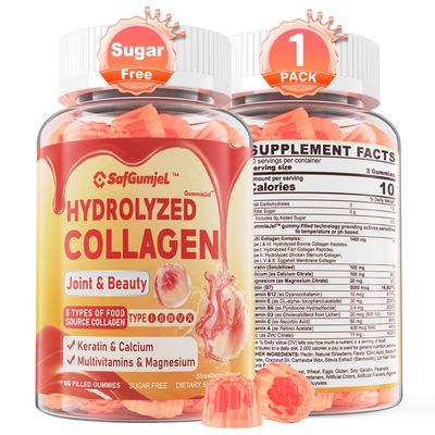 Sugar-Free Multi Collagen Gummies for Women Men, Hydrolyzed Collagen Peptides Types I II III V X with Keratin, Biotin, Calcium, Magnesium for Hair, Skin Nails, Flexibility, Bone Health - 60 Count