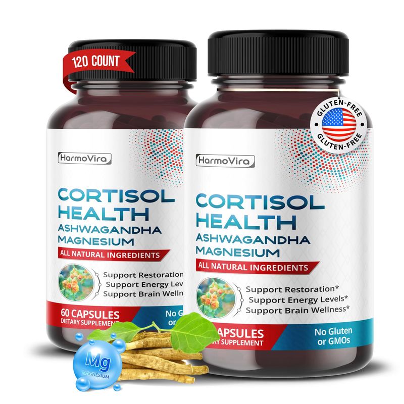 HarmoVira CORTISOL Health - Ashwagandha Magnesium Rhodiola St. John's Wort - Support Restoration, Energy Levels, Brain Wellness 120-day Supply - Made in The USA