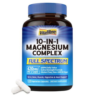 Vitalibre 10 in 1 Magnesium Complex, 420mg Elemental Magnesium Ultra Strength, Max Absorption Chelated Magnesium Supplement for Sleep, Muscles, Nerves Heart Health Non-GMO, 120 Vegan Capsules