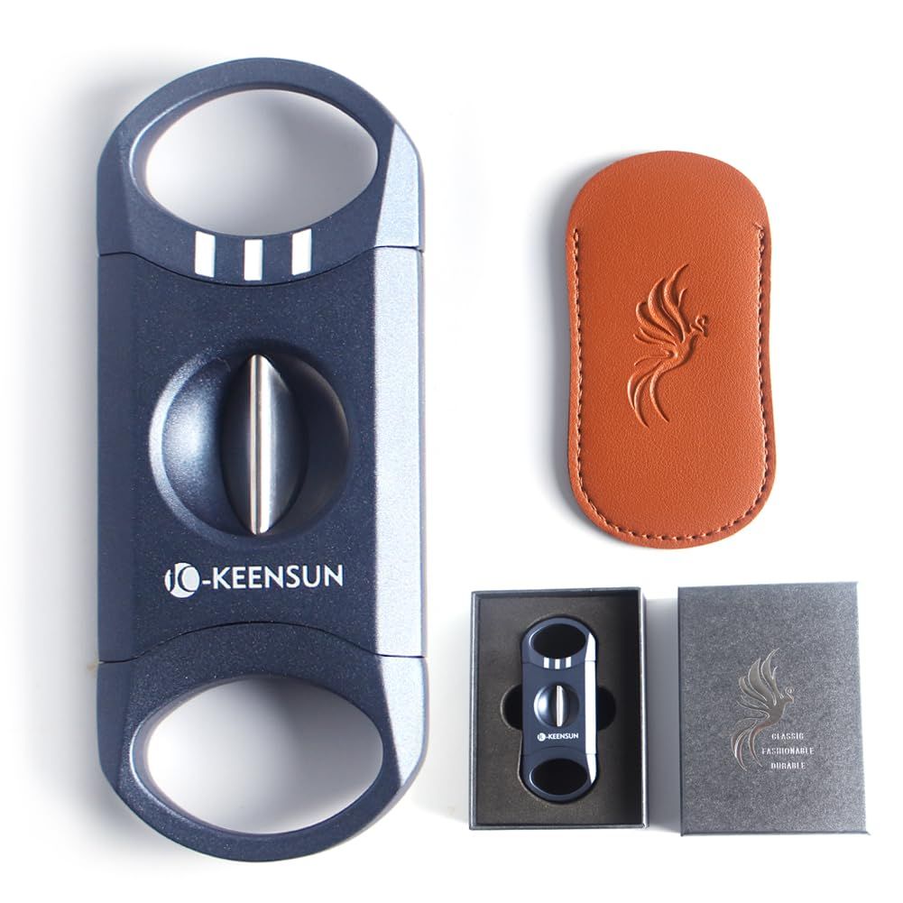KEENSUN Zinc Alloy V-Cut Cigar Cutter (Blue), 60 Ring Gauge, 420J2 Stainless Steel V-Cut Blade Cigar Holder (2 in 1) in Gift Box