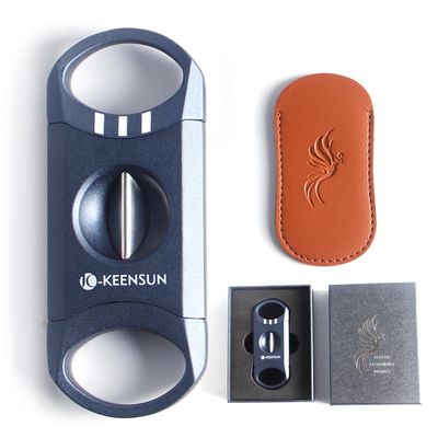 KEENSUN Zinc Alloy V-Cut Cigar Cutter (Blue), 60 Ring Gauge, 420J2 Stainless Steel V-Cut Blade Cigar Holder (2 in 1) in Gift Box