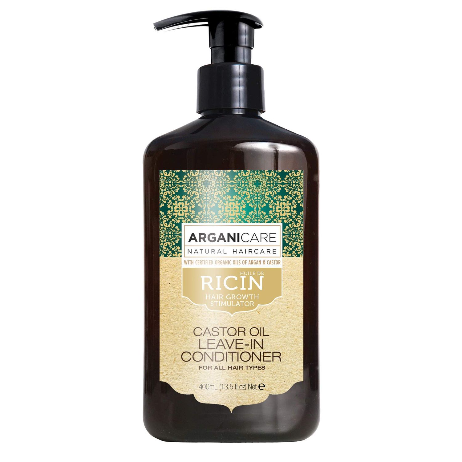 Arganicare Organic Castor Oil Leave-in Conditioner for Hair Growth and Thickening for Men Women - Enriched with Argan Oil, Silk, and Shea 13.5 fl oz