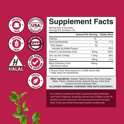 Elderberry Vitamin C and Zinc Gummies - Advanced Immune Booster Sambucus Elderberry Gummies for Adults - Super Antioxidants Supplement Immunity Vegan Halal Black Gummy 90ct