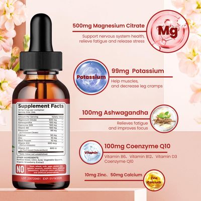Potassium Magnesium Citrate Supplement, Liquid Magnesium Citrate Drops 500mg with Ashwagandha, Calcium, Zinc, Vitamin D3, B6, B12, CoQ10 - Support Calm Bone Muscle Immune Health Vegan 2 fl oz