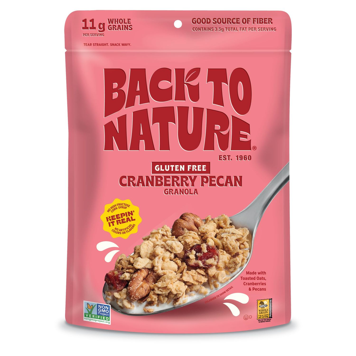 Back to Nature Granola Cereal - Gluten Free, Non-GMO, Plant Based Snacks made with Whole Grain Rolled Oats - Cranberry Pecan, 11 Ounce (Pack of 6)