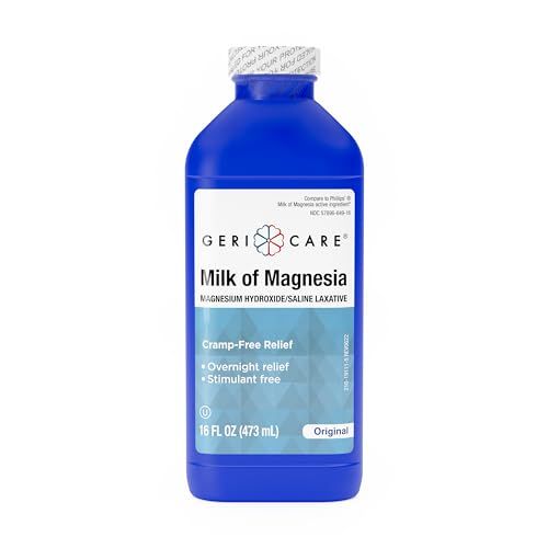 GeriCare Milk of Magnesia, Magnesium Hydroxide 1200mg Fast Overnight Constipation Relief Cramp-Free Saline Laxative Stool Softener Antacid for Heartburn Indigestion Original Flavor 16 Fl Oz