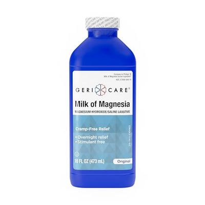 GeriCare Milk of Magnesia, Magnesium Hydroxide 1200mg Fast Overnight Constipation Relief Cramp-Free Saline Laxative Stool Softener Antacid for Heartburn Indigestion Original Flavor 16 Fl Oz