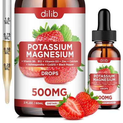 Potassium Magnesium Citrate Supplement, Liquid Magnesium Citrate Drops 500mg with Ashwagandha, Calcium, Zinc, Vitamin D3, B6, B12, CoQ10 - Support Calm Bone Muscle Immune Health Vegan 2 fl oz