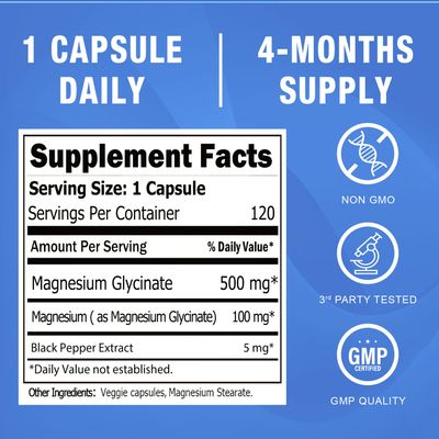 Magnesium Glycinate 500mg Capsules - Chelated High Absorption Magnesium Bisglycinate Supplement for Sleep, Muscle, Bone Heart Support for Women Men - Pure, Gluten-Free, Non-GMO, 120ct