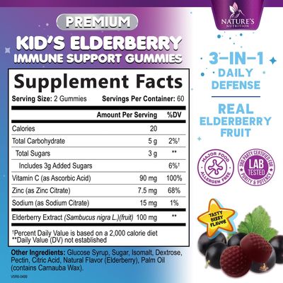 Children's Daily Immune Support Gummies with Real Elderberry Vitamin C Zinc to Support Kids Healthy Immune System, Natures Sambucus Elderberry Gummy, Chewable Supplement, Gluten-Free, 120 Gummies