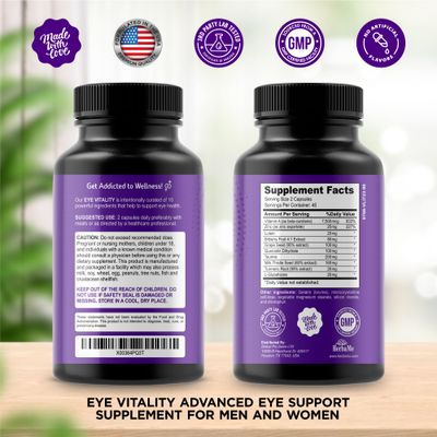 HerbaMe Eye Vitamins Supplement with Lutein, Bilberry, Beta Carotene, L-Taurine, Zinc and Quercetin, 90 Capsules, Supports Vision, Ocular and Macular Health, Helps Eyes Filter Blue Light