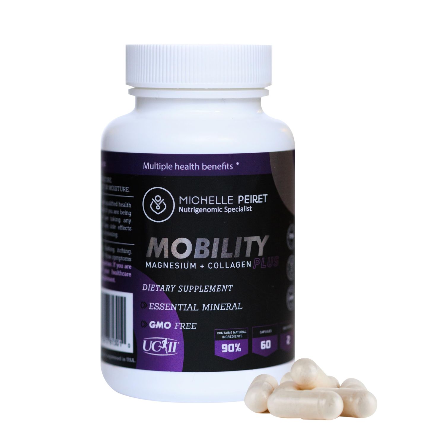 Michelle Peiret Mobility Magnesium Collagen, Magnesium Citrate with Hyaluronic Acid Vitamin C for Bone Muscle Support, 60 Capsules
