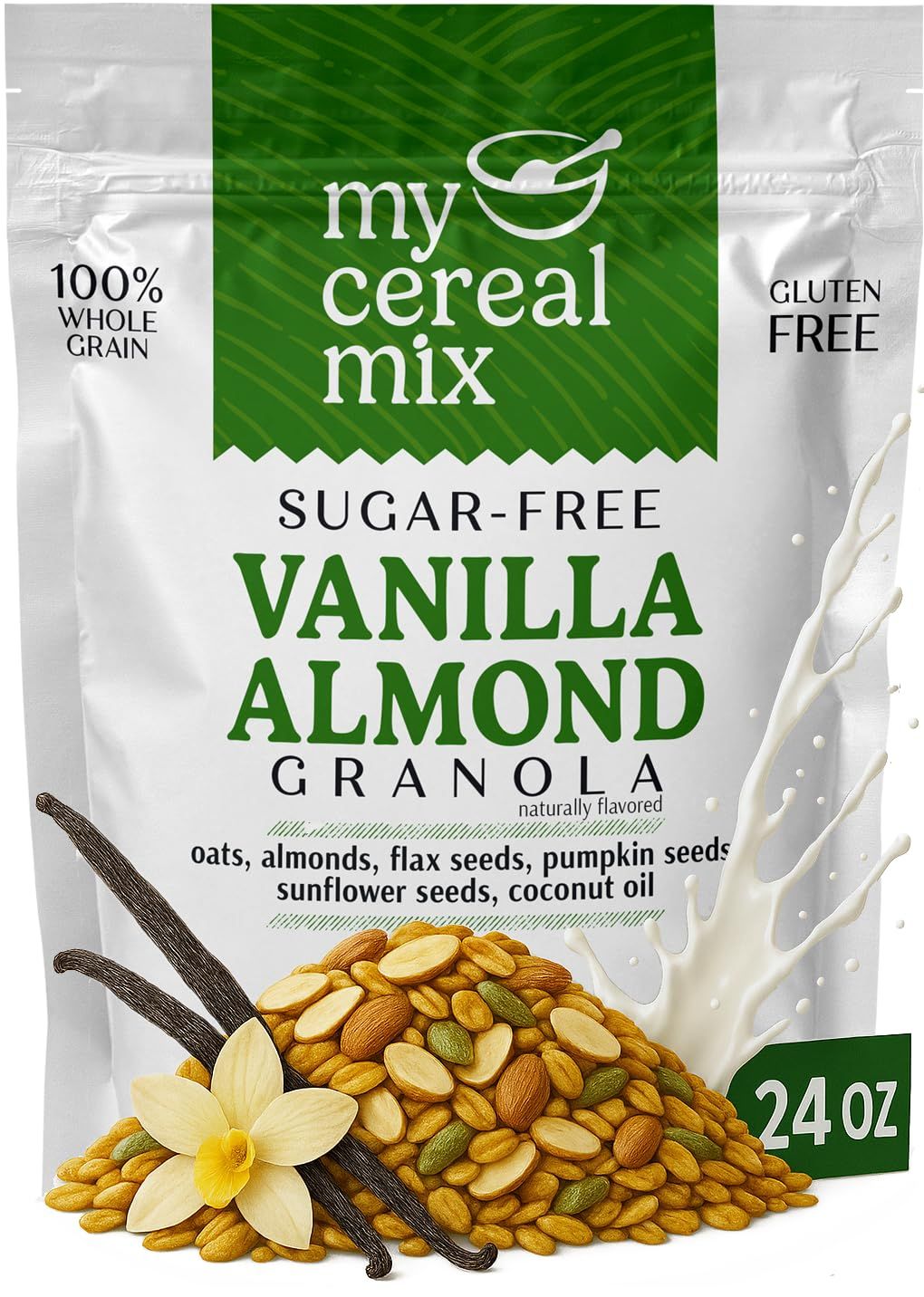 MyCerealMix Sugar Free Granola Vanilla Almond - Vegan, Gluten Free Breakfast Cereal - No Artificial Sweeteners - Naturally Sweetened with Monk Fruit - 24oz