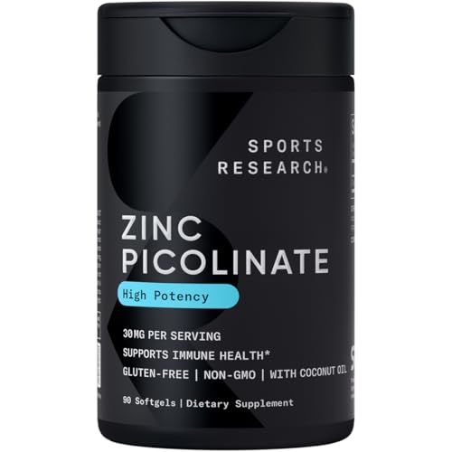 Sports Research High Potency Zinc Picolinate 30mg with Organic Coconut Oil Highly Absorbable Zinc Supplement for Healthy Immune Enzyme Function - Non-GMO Tested Gluten-Free (90 Liquid Softgels)