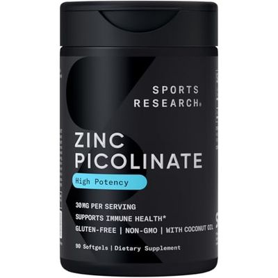 Sports Research High Potency Zinc Picolinate 30mg with Organic Coconut Oil Highly Absorbable Zinc Supplement for Healthy Immune Enzyme Function - Non-GMO Tested Gluten-Free (90 Liquid Softgels)