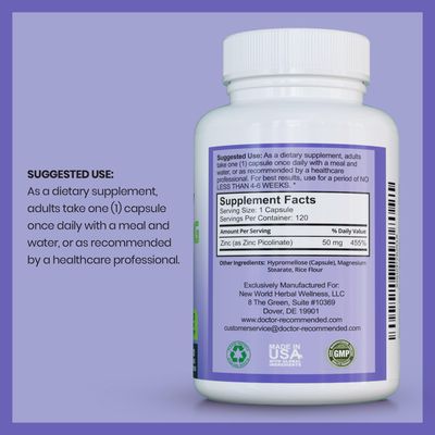 Zinc 50mg - Zinc Picolinate Immune Health Support Supplement 120 Veggie Capsules for Adults and Kids Vitamin, Well-Absorbed High Potency Pure Zinc Supplements - 50mg Per Serving
