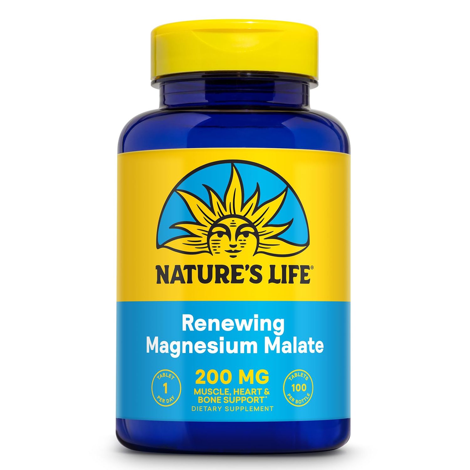 Nature&#39;s Life Renewing Magnesium Malate 200 mg - Once Daily Magnesium Supplement for Muscle and Nerve Function, Heart Health, Bone Support - Maximum Absorption, 60-Day Guarantee, 100 Serv, 100 Tablets