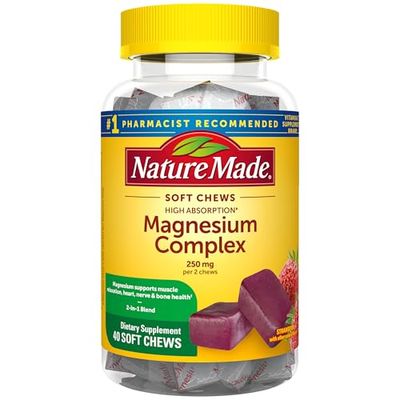 Nature Made High Absorption Magnesium Complex Soft Chews, Magnesium Supplement for Muscle, Heart, Bone Support, Magnesium Citrate Malate Blend 250 mg per Serving, 40 Vegetarian Chews, 20 Day Supply