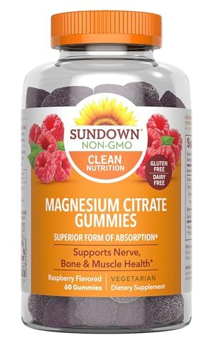 Sundown Magnesium Citrate Gummies, Supports Nerve, Bone Muscle Health, Vegetarian, Raspberry Flavored, 60 Count