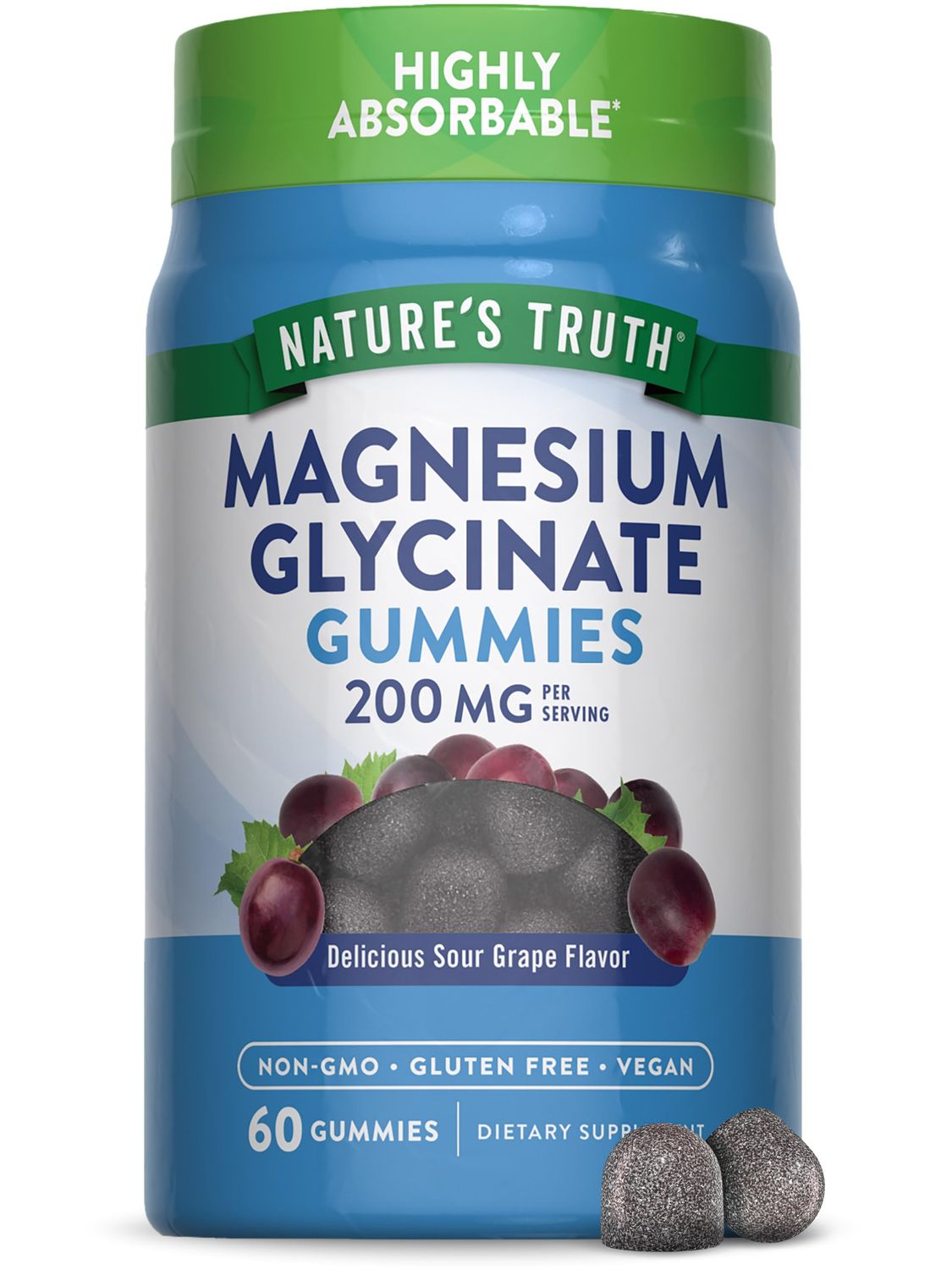 Nature&#39;s Truth Magnesium Glycinate Gummies for Adults 200mg 60 Count Vegan, Non-GMO Gluten Free Supplement Grape Flavor