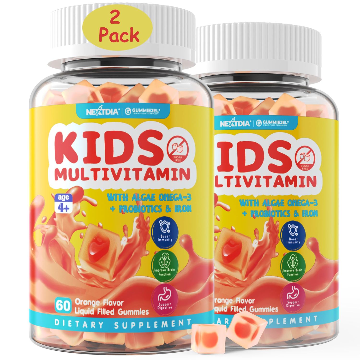 Sugar Free Kids Multivitamin Gummies with Iron, Probiotics, Vegan Omega 3 (EPADHA), Kids Daily Vitamins A, C, D, B Complex, Zinc for Healthy Growth, Immune, Brain, Bone, Orange Flavor, 120 Counts