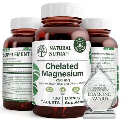 Natural Nutra Chelated Magnesium Oxide 250 mg - High Absorption for Strong Bones, Heart Health, Dental Health, Energy Boost, Gluten-Free, Non-GMO, 180 Tablets in BPA-Free Recyclable Glass Bottles