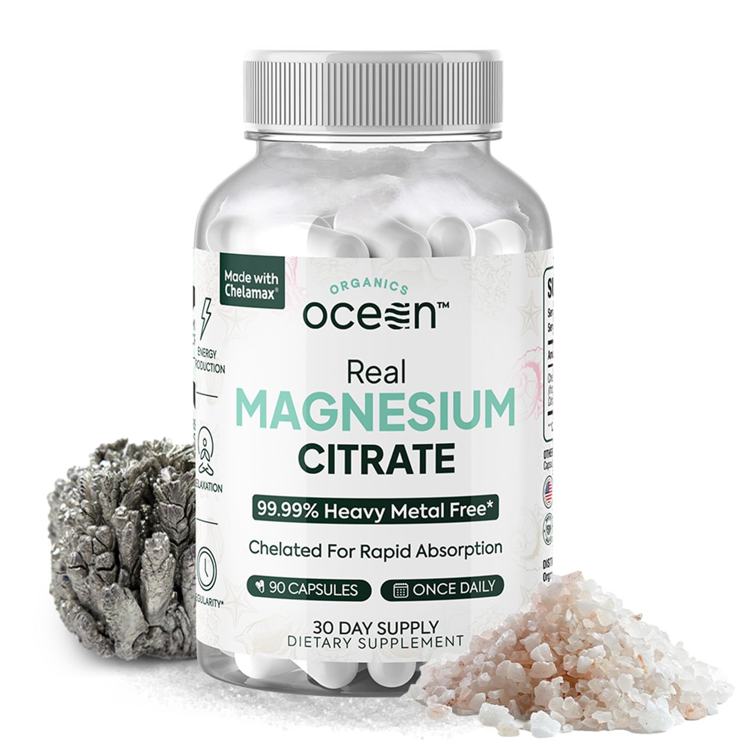 Organics Ocean Real Magnesium Citrate - High Absorption Magnesium Supplement - Chelated Magnesium to Support Energy, Relaxation, and Regularity