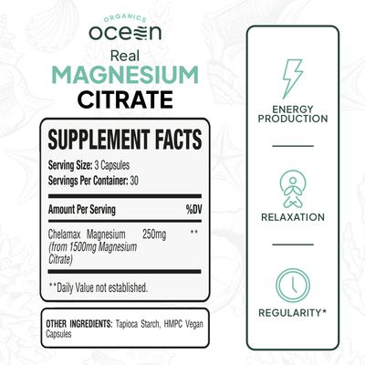 Organics Ocean Real Magnesium Citrate - High Absorption Magnesium Supplement - Chelated Magnesium to Support Energy, Relaxation, and Regularity