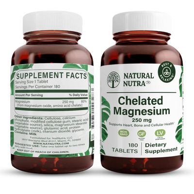 Natural Nutra Chelated Magnesium Oxide 250 mg - High Absorption for Strong Bones, Heart Health, Dental Health, Energy Boost, Gluten-Free, Non-GMO, 180 Tablets in BPA-Free Recyclable Glass Bottles