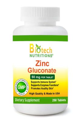Biotech Nutritions Zinc Gluconate 50 mg 250 Tablets Made in USA VegetarianVegan Zinc Gluconate