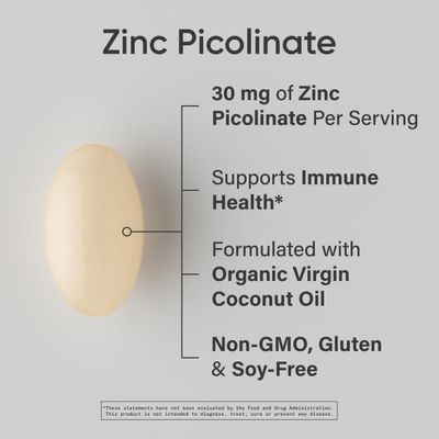 Sports Research High Potency Zinc Picolinate 30mg with Organic Coconut Oil Highly Absorbable Zinc Supplement for Healthy Immune Enzyme Function - Non-GMO Tested Gluten-Free (90 Liquid Softgels)