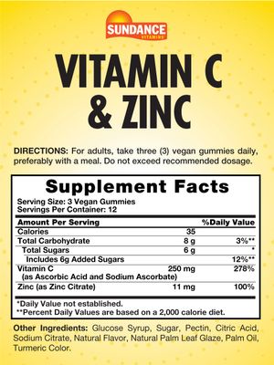 Sundance Vitamin C and Zinc Gummies 36 Count Lemon Flavor Vegan, Non-GMO, and Gluten Free Supplement