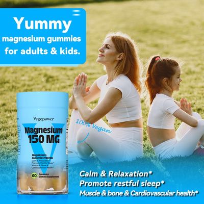 Vegan Magnesium Citrate Gummies, 150mg Magnesium Gummies for Adults Kids, High Absorption Calm Magnesium Supplement for Sleep, Muscle Relax, Nerve and Bone Health, Gluten Free, Non-GMO, 60 Gummies