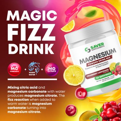 Saver Supplements Magnesium Powder - Anti-Stress Drink Mix for Calm Regularity - Magnesium Citrate Supplement - Relaxation, Muscle Heart Support - Cranberry Lemonade Flavor - 30 Servings