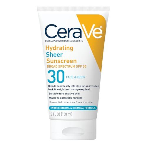 CeraVe Hydrating Sheer Sunscreen SPF 30 for Face and Body, Mineral Chemical Sunscreen with Zinc Oxide, Hyaluronic Acid, Niacinamides and Ceramides, Paraben Free Fragrance Free, 5 Ounces
