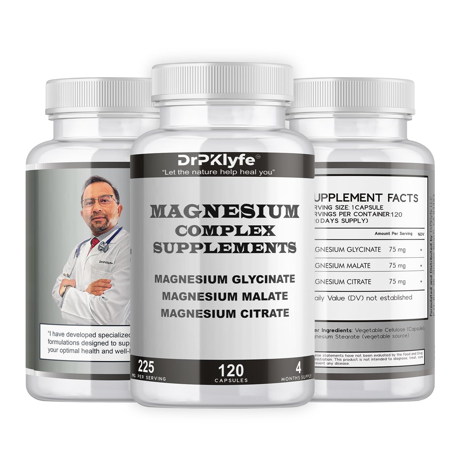 Board Certified Internist&#39;s Recommendation: Magnesium Complex Capsule Glycinate MalateCitrate for Optimal Health225mg, 4 Months Supply for Heart, Muscle Bone Health - DrPKLyfe