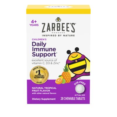 Zarbee&#39;s Kids Immune Support, Vitamin C, D Zinc Daily Immunity Vitamins for Children 4 Years, Natural Tropical Fruit Flavor, 28 Chewable Tablets