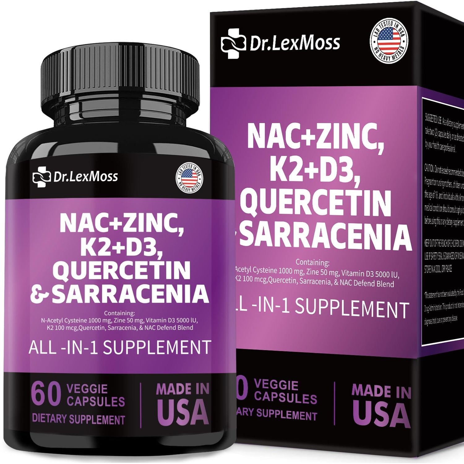 NAC Supplement N-Acetyl Cysteine 1000mg Vitamin D3 K2 Zinc Quercetin 1000mg Sarracenia Purpurea 1000mg with Elderberry Holy Basil Bee Propolis Bromelain L-Lysine for Men and Women,60 Count USA