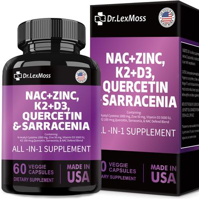 NAC Supplement N-Acetyl Cysteine 1000mg Vitamin D3 K2 Zinc Quercetin 1000mg Sarracenia Purpurea 1000mg with Elderberry Holy Basil Bee Propolis Bromelain L-Lysine for Men and Women,60 Count USA