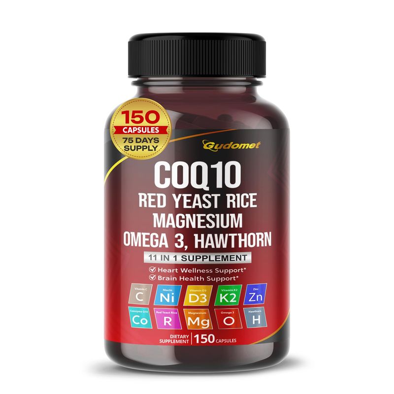 Coenzyme Q10 (Ubiquinone) Red Yeast Rice Hawthorn Omega 3 Vitamin C Niacin Zinc Vitamin K2-150 Capsules- Made in USA